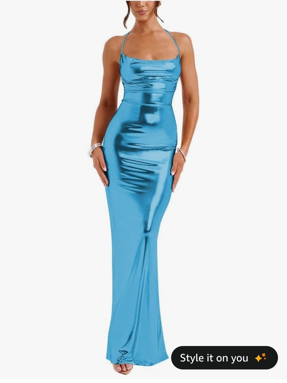 Metallic Sky Blue Halter Bodycon Evening Dress